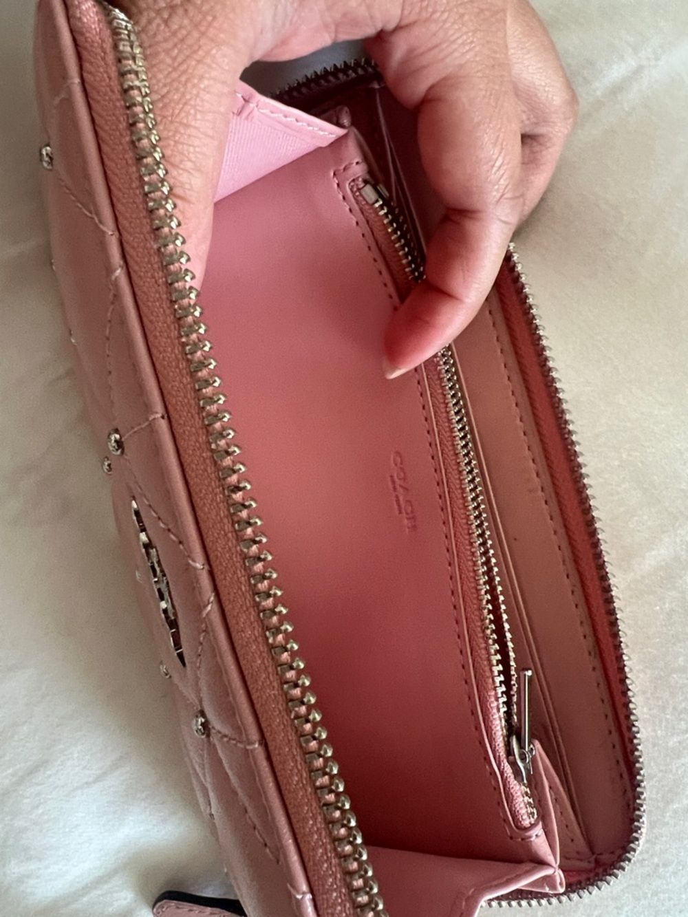 Coach Quilted Studded Zip Around Wallet in Pink - Picture 3 of 10